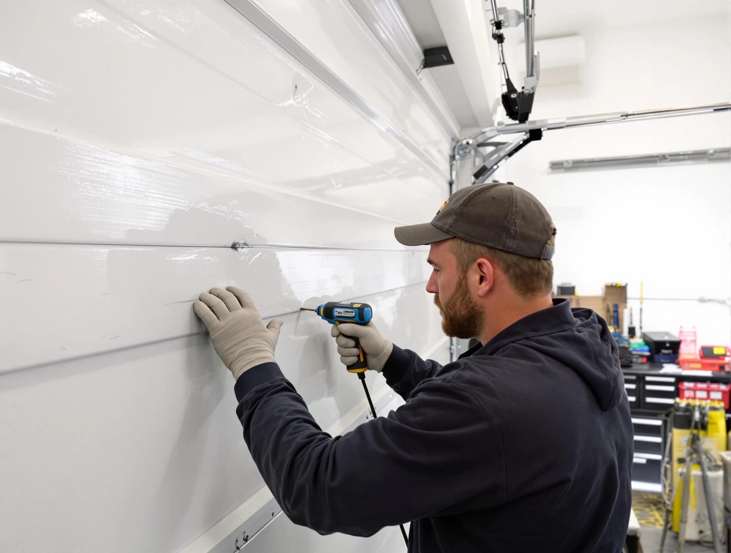 South Strabane Garage Door Repair technician demonstrating precision dent removal techniques on a South Strabane garage door
